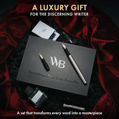 Wordsworth & Black Fountain Pen Gift Set, Medium & Extra Fine Nib, Silver | For Men & Women, Brass Body, 18K German Iridium, Ink Bottle + 6 Cartridges, Converter, Writing & Calligraphy, Journaling - color: Silver Chrome