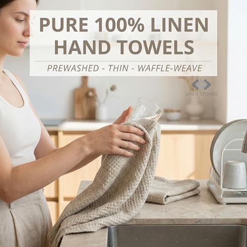 Pure 100% Linen Hand Towels - 14x28-inch Set of 2 pcs - Thin Waffle Weave - color: Natural Linen, size: Hand Towels