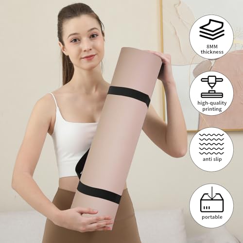 HAHE Yoga Mat Thick (8MM,1/3"), Eco-Friendly POE Non Slip Yoga Mat, High Rebound & Shock Absorption, Anti-Tear & Sweat-Resistant for Yoga, Fitness, Home, Workouts, Large Pilates Mats 72"x24" with Carrying Strap - color: Milk-Coffee