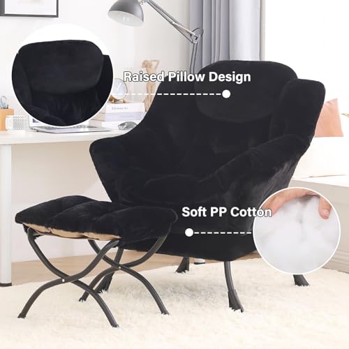 Tiita Lazy Chair with Ottoman, Comfy Reading Accent Chair, Plush Black | Foldable Footrest, Padded Seat and Backrest, Side Pocket for Lounging in Living Rooms, Bedrooms, Dorms and Small Spaces - color: Plush-blak
