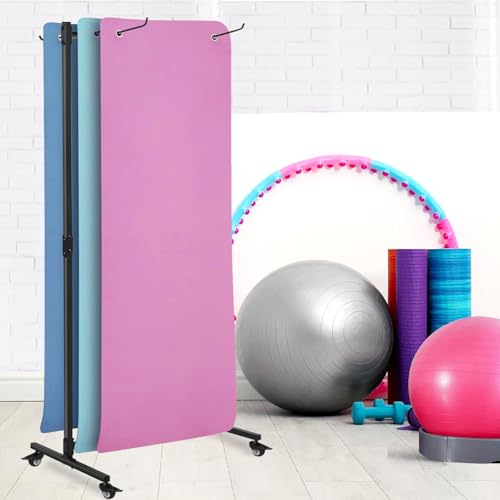 Hanging Yoga Mat Holder, Metal Double Sided Yoga Mats Storage Cart on Wheels, Floor Standing Pilates Mat Rack for Home Gym, Exercise, Yoga Studio, with Punching Tool