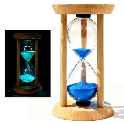 PROLOSO Wooden Sand Timers 1 Minute Glow in the Dark Sandglass Countdown Hourglass Sand Clock for Toothbrush Timer Games Classroom Home Office - color: Glow in the Dark Blue, size: 1 MIN/3.74 IN