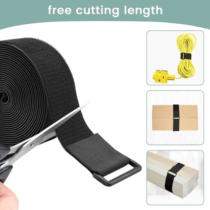 1.5In x 16Ft Cinch Straps Heavy Duty With 20 Buckles, Black Nylon Hook and Loop Straps, Reusable Long Cable Ties for Organizer or Storage - size: 1.5In x 16Ft