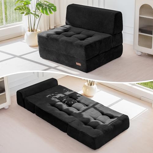 MAXYOYO Folding Sofa Bed, 8-Inch Fold-Out Chair Bed, Single | 2-in-1 Convertible Floor Sofa Couch, High-Density Foam Tufted Lounge Couch for Living Room Bedroom Dorm, Black - color: Black, size: Single