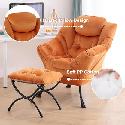 Tiita Lazy Chair with Ottoman, Comfy Reading Accent Chair, Velvet Orange - color: Orange