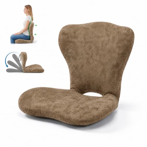 Ergonomic Back Support for Office Chair, Seat Cushion with Backrest, Adjustable Folding Floor Chair for Home, Gaming & Meditation (Brown) - color: Brown