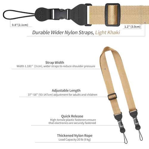 FIEIL Adjustable Shoulder Strap, Nylon Camera Strap, Comfortable Neck Strap for iPad, Cellphone Tablet, Camera, Laptop, Binocular, Luggage Bag (Light Khaki Universal Lanyard) - color: Khaki