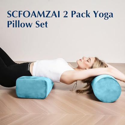 2-Pack Yoga Bolster Pillow Set: Rectangular & Cylinder Pillows for Meditation and Support, Yoga Pillows with Washable Velvet Cover, Triple-Layer Sponge with Carry Handle, Green - color: Green