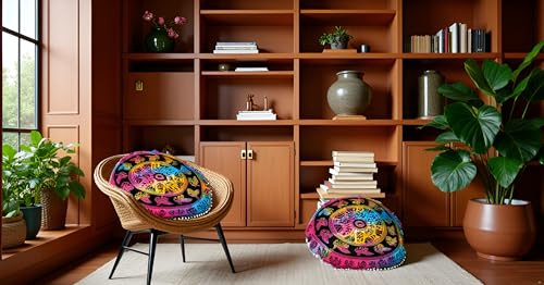 Large Round seat Floor Cushion Cover Chair Ottoman Cover Pouf Pillow Meditation Floor Cushion Covers for Adults Seating pouffe Ottoman Throw Covers Multi Peacock 32" Round