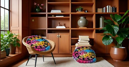 Large Round seat Floor Cushion Cover Chair Ottoman Cover Pouf Pillow Meditation Floor Cushion Covers for Adults Seating pouffe Ottoman Throw Covers Multi Peacock 32" Round