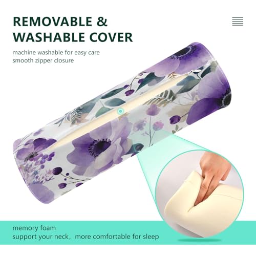 Purple White Lotus Flowers and Berries Neck Roll Pillow Bolster Round Health Memory Foam Long Cervical Cylinder Pillows with Removable Washable Cover for Body Bed Legs Back Yoga - color: Blue and White Silver Lotus Flowers and Berries