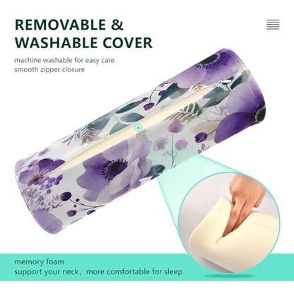 Purple White Lotus Flowers and Berries Neck Roll Pillow Bolster Round Health Memory Foam Long Cervical Cylinder Pillows with Removable Washable Cover for Body Bed Legs Back Yoga - color: Blue and White Silver Lotus Flowers and Berries