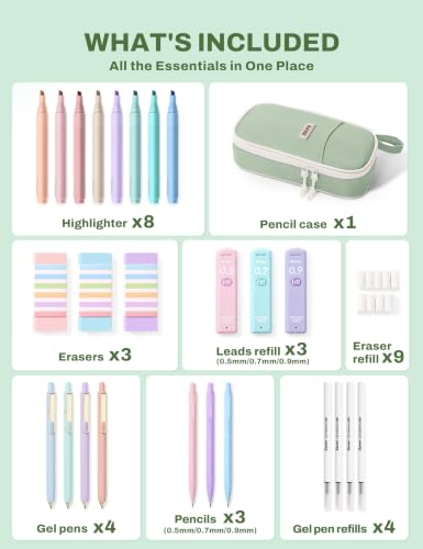 SUNEE Pencil Case with Supplies, 35PCS Aesthetic Stationery Set with Pastel Highlighters, Black Gel Pens, Mechanical Pencils & Refills, College School Supplies for Students Girls, Green - color: Green, style: 35 Pack