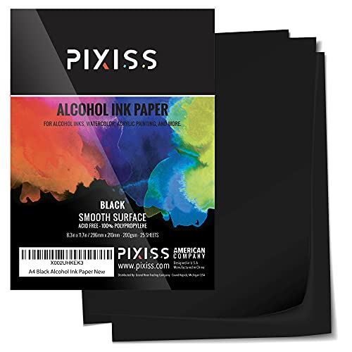 Black Alcohol Ink Paper - 25 Sheets Pixiss Heavy Weight Art Paper for Alcohol Ink & Watercolor - Extra Smooth Synthetic Paper A4 8x12 inches, 300gsm - size: 8x12 (25 Pack)