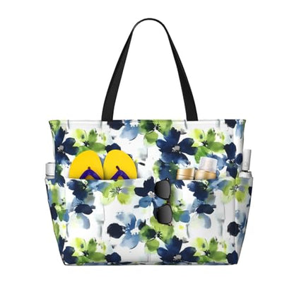 Large Beach Bag for Women Waterproof Foldable Travel Shoulder Tote Bag with Pocket for Weekender Pool Vacation - color: Floral White