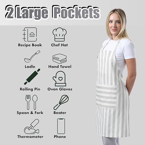TOSHEX Kitchen Apron Cotton Waterdrop Resistant Adjustable Button Women Men | Premium Cotton Cooking Apron with Pocket. Striped, Gift, Gray - color: Gray