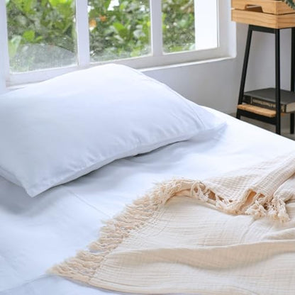 100% Cotton Gauze 50"X60" Throw Tassel 4 Layered Blanket- Parchment | Premium Muslin Blanket for Couch,Bed,Living,Summer Lightweight, All Seasons Blankets & Throws, Boho,Travel & Skin Friendly - color: Parchment, size: 50"X60" Throw