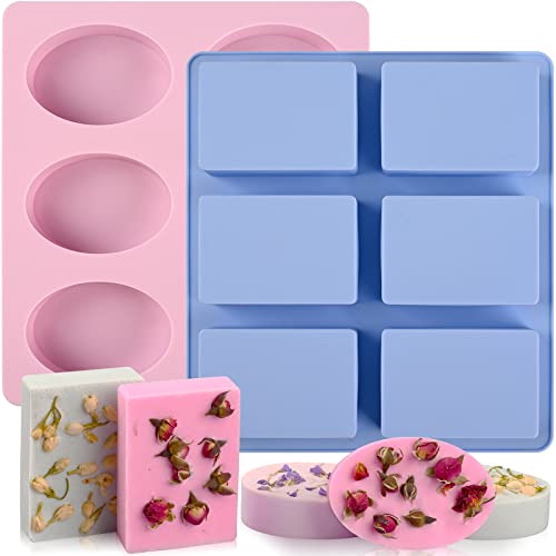 Sakolla 2 Pack 6 Cavity Silicone Soap Molds Rectangle Oval Silicone Molds Loaf Handmade Molds for Soap Making Supplies DIY Pudding Cake Chocolate Cornbread Biscuit Jelly - color: Rectangular+Oval/Pink & Blue