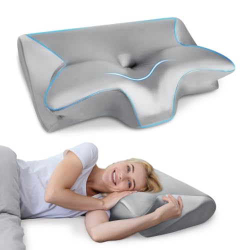 HOMCA Memory Foam Cervical Pillow, 2 in 1 Ergonomic Contour Orthopedic Pillow for Neck Pain, Contoured Support Pillows for Side Back Stomach Sleepers with Satin Pillowcase (Satin Gray) - color: Satin Gray