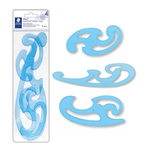 STAEDTLER Mars Professional French Curve Design Ruler Set for Pattern Making, 3 Essential A B C Shapes, Blue Transparent Plastic with Inking Edge