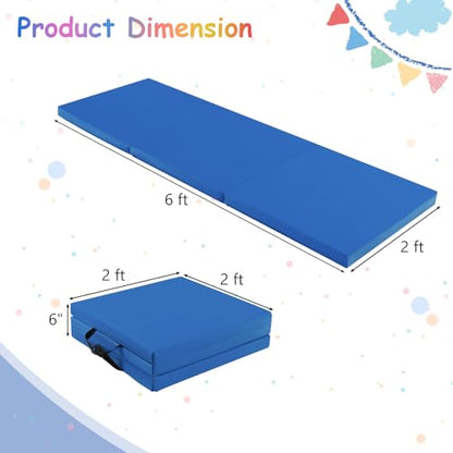 Giantex 6'x 2' Gymnastics Mat, 2" Thick Folding Tumbling Mat with Hook and Loop Fastener, Foldable Gym Mat with Carrying Handles, Cheer Mats for Kids Adults Home Exercise Aerobics Fitness - color: Dark Blue