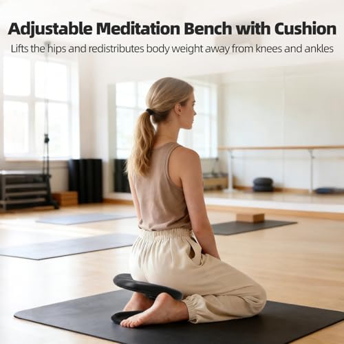 Adjustable Meditation Bench, Metal Seiza Kneeling Stool with Cushion, Height Adjustable Prayer Benches for Comfortable Kneeling Meditation, Non-Slip Compact Yoga Bench for Home Patio Practice