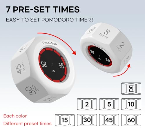 Flip Cube Pomodoro Timer - Rechargeable Visual Countdown & Count Up Stopwatch, 7 Preset Intervals, 3 Alarm Modes, Productivity Tool for ADHD, Kids, Study, Work & Kitchen (White) - color: Floral White
