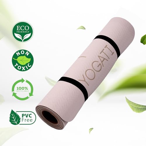 YOGATI® 정렬 라인이 있는 스트랩이 달린 요가 매트. 여성, 남성 및 아동용 홈 운동 매트. 필라테스와 피트니스를 위한 두꺼운 미끄럼 방지 요가 매트. 브라운, 핑크 및 퍼플 요가 매트 - color: 브라운.