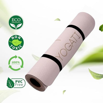 YOGATI® 정렬 라인이 있는 스트랩이 달린 요가 매트. 여성, 남성 및 아동용 홈 운동 매트. 필라테스와 피트니스를 위한 두꺼운 미끄럼 방지 요가 매트. 브라운, 핑크 및 퍼플 요가 매트 - color: 브라운.