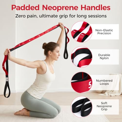 Slim Panda Stretching Strap with Loops - Non-Elastic Heavy Duty Nylon Yoga & PT - Oversized Multi-Loop Home Rehab - Hamstring Shoulder Pilates Flexibility - color: Red