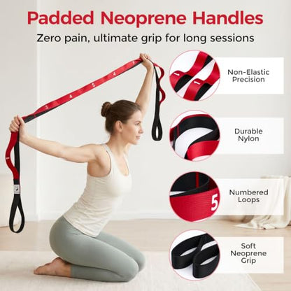 Slim Panda Stretching Strap with Loops - Non-Elastic Heavy Duty Nylon Yoga & PT - Oversized Multi-Loop Home Rehab - Hamstring Shoulder Pilates Flexibility - color: Red
