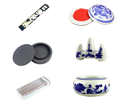 10 PCS Chinese Calligraphy Set Inkstone + Writing and Painting Brush + Ink Block + Seal + Inkpad + Pen Rack + Water Bowl (Basic)