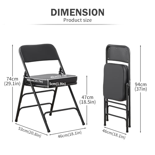 Padded Folding Chair Indoor Metal Frame Foldable Chair Black | Comfortable Thick Vinyl Cushion Seat Durable Elegant Upholstered Single Chair for Small Space Home, Office and Events - color: Black