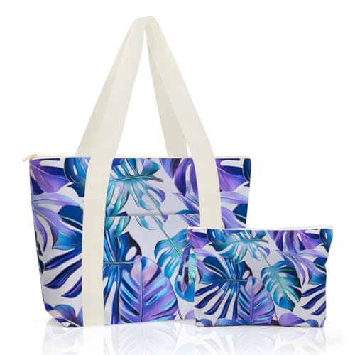 IAXIC Waterproof Tote Bag and Wet Bag Set, Summer Pattern Design for Beach Travel Gym Holiday Gifting - color: Purple Blue Monstera Leaf