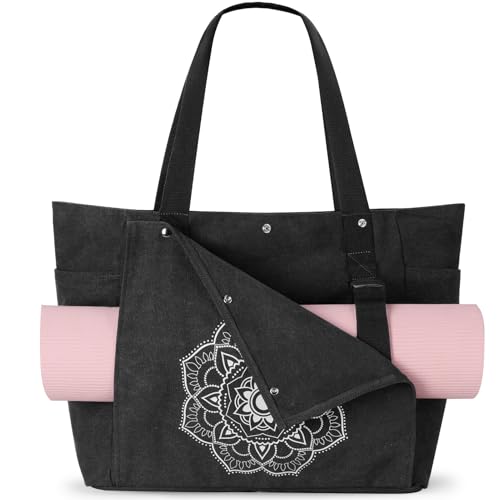 Gonex Yoga Mat Bag For Women Canvas Tote Pilates Gym Bag With Mat Carrier - color: Black, size: Large(17.7×6.1×15.3inch)