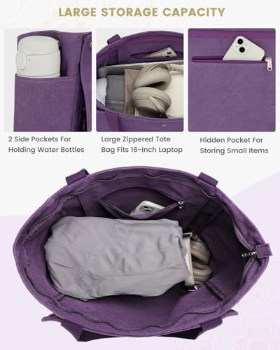 Gonex Yoga Mat Bag For Women Canvas Tote Pilates Gym Bag With Mat Carrier | Front-Opening Quick Access Mat Straps, Durable Cotton Canvas, Machine Washable, Bottle Holder Multi Pockets, Yoga Gym Travel - color: Purple, size: Large(17.7×6.1×15.3inch)