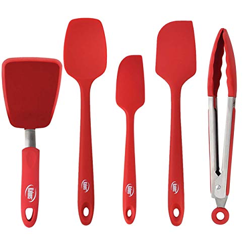 Kaluns 5-Piece set Includes 3 Silicone Spatulas 1 Turner and 1 9" Tong Kitchen Tools Best for Cooking,Baking and Mixing, Strong Stainless steel core design Non-stick and 600F Heat resistant - color: 3 Spatula + Turners + Tongs Red