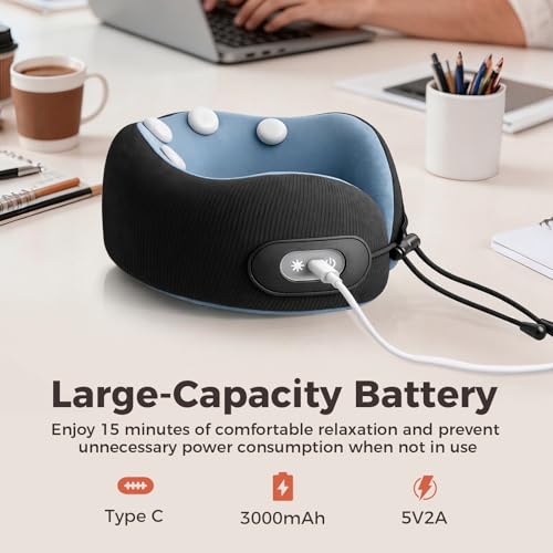 Travel Neck Pillow with Massage & Heat, U-Shaped Neck Massager with 8-Point Vibration, Eye Mask and Earplugs Set – Ergonomic Memory Foam, Ideal for Travel, Office, Home