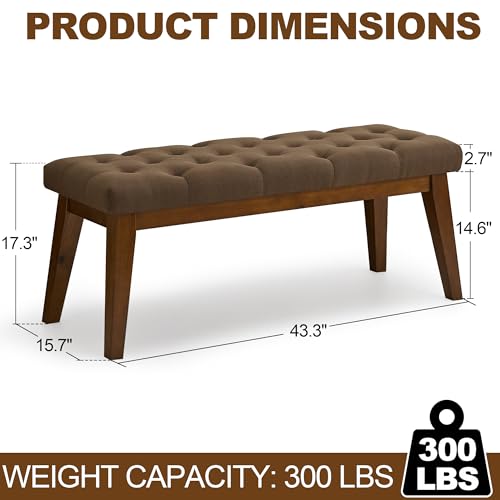 WUTUTUEE 43.5'' Linen Bedroom Bench, Upholstered End of Bed Bench with Tufted Button, Padded Vintage Dining Bench, Entryway Bench with Solid Wood Legs, Kitchen, Living Room, Hallway, Brown Tufted - color: Brown-linen-tufted