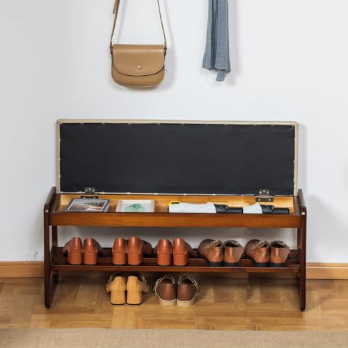 SOBIBO Solid Wood Shoe Rack Bench with Flip-Top Storage, Gray, 39.4" | Mid-Century Modern, Flip-top Hidden Storage, Faux Leather Cushion, 600lb Capacity, Ideal for Entryway, Hallway, Bedroom - color: Beige(flip‑top), size: 39.4 inches