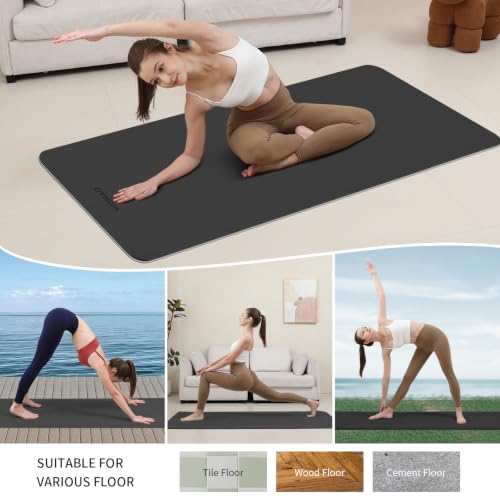 8mm Extra Wide 80cm Yoga Mat Non Slip | Spacious 80cm x 72" mat for tall users, gym, pilates. POE, reversible dual-color, non-slip, tear-proof, odorless, strap. - color: Black+Gray