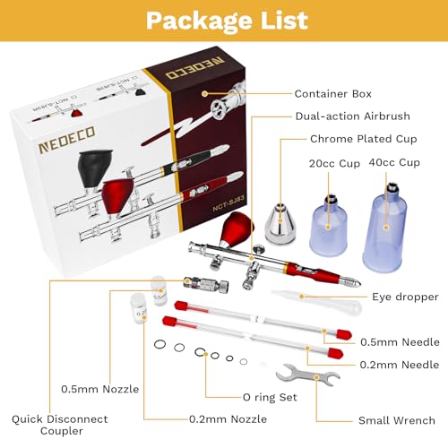 NEOECO SJ83 Airbrush, Self-Centring Plug-in Nozzle，0.2, 0.3 & 0.5mm Nozzle Sets and 1/3 oz Cup, Dual-Action Gravity Feed Airbrush with 1/3 oz,2/3 oz,4/3 oz Replacement Cups (RED) - color: RED