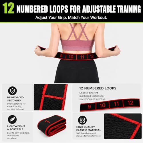Resistance Exercise Bands, 12-Loop Stretch Strap for Yoga, Leg Exercise, Lower Back Stretch, Stretching, Gym and Home Workout