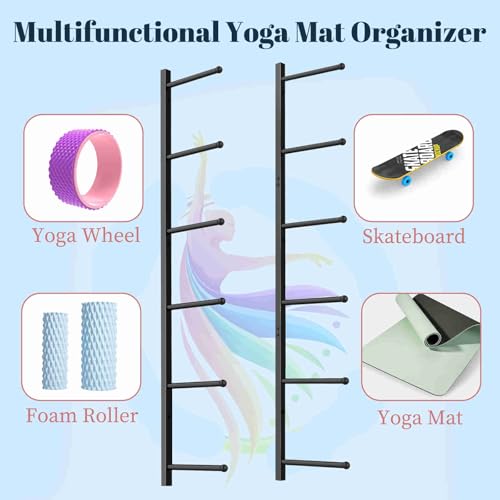 Yoga Mat Holder Wall Mount with 12 Straps, 6 Tier Metal Yoga Mat Storage Rack Home Gym Exercise Workout Equipment Organizer for Foam Roller Resistance Bands