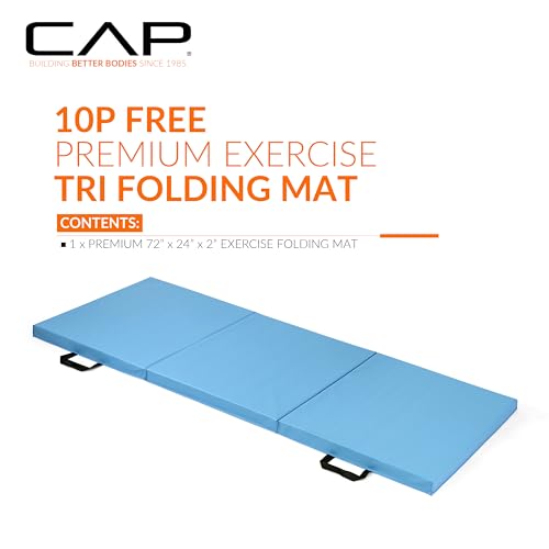 CAP Barbell 접이식 운동 매트 - 내구성, 찢어짐 방지, 피트니스, 에어로빅, 체조 및 홈 운동을 위한 두꺼운 패딩. 길이 182.9cm(72인치) x 너비 61cm(24인치) x 두께 5.1cm(2인치). 블루