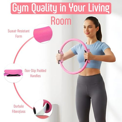 AMAVIK Pilates Kit 15-Pieces Home Workout Set with 5 Resistance Bands, Pilates Ring and Ball Set with Accessories-A Complete Pilates Set for Women to Improve Strength, Flexibility and Balance Body - color: Pink