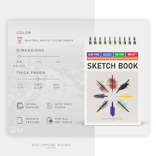 BEECHMORE BOOKS 5.6"x8.5" Spiral Sketchbook – 140 GSM Acid-Free Paper, 100 Perforated Pages, A5 Art Sketch Pad for Drawing & Sketching, Artists, Adults (Pack of 2) - size: A5 (5.6" x 8.5") (Pack of 2)