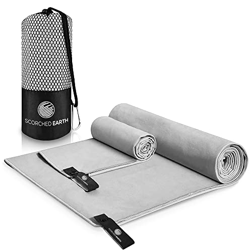 ScorchedEarth Microfiber Travel & Sports Towel Set - Quick Dry, Super Absorbent, Compact, Lightweight - for Camping, Backpacking, Hiking, Beach, Yoga, Swimming - Includes 2 Sizes + Carrying Bag & Clip - color: Slate Gray, size: Medium Set (20x40” & 12x24”