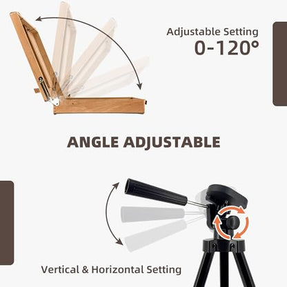 French Style Easel with Beech Wood & Aluminum Tripod | Light Weight Plein Air Easel- Adjustable Sketch box Tripod for Outdoor & Studio Painting, Sketching - color: Nature