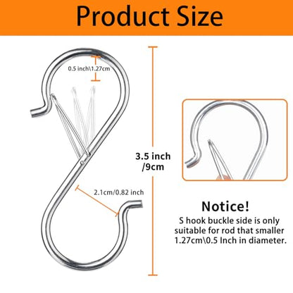 12 PCS S Hooks for Hanging with Safety Buckle, Heavy Duty Metal S Hooks | 3.5 inch S Shaped Hanger Hooks for Hanging Kitchen Utensil, Cups Pots Pan Closet Plants Purse Bags Hats (Silver) - color: Silver